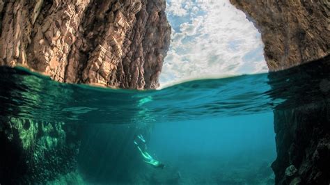 Scuba Diving Under Ocean Cave Hd Wallpaper Background