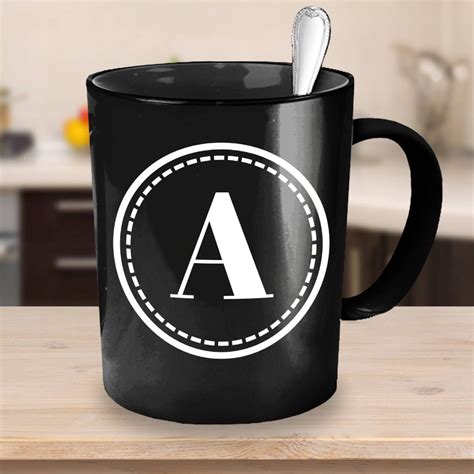 Personalised Initial Black Coffee Mug With Stitch Circle Design