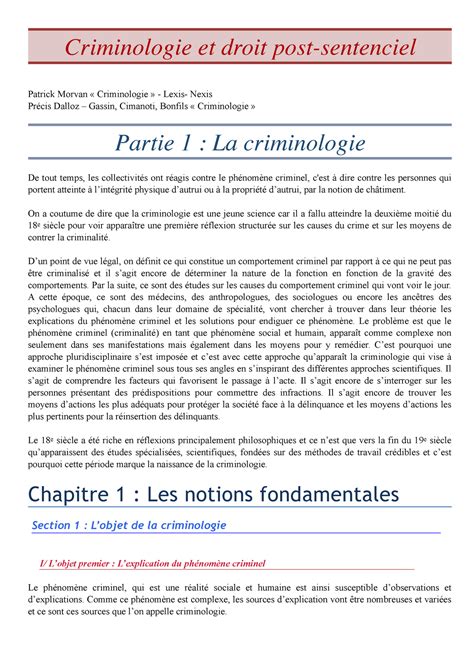 Criminologie Cours Complet Criminologie Et Droit Post Sentenciel