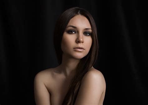 Bare Shoulders Women Model Face Brunette Long Hair Moles Smoky Eyes Implied Nude Simple