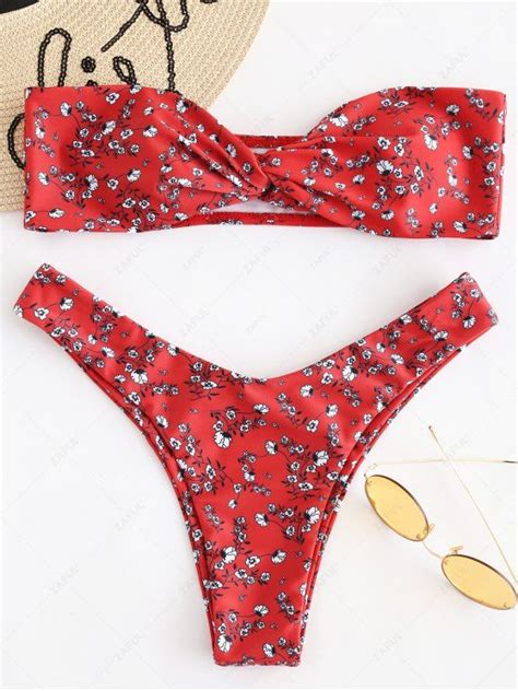 [16 off] 2021 flower twisted bandeau bikini set in cranberry zaful
