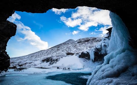 Winter Snow Ice Cave Mountain Clouds Blue Sky Hd