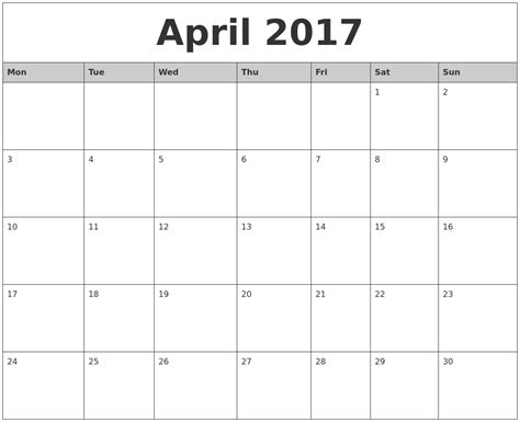 April 2017 Monthly Calendar Printable