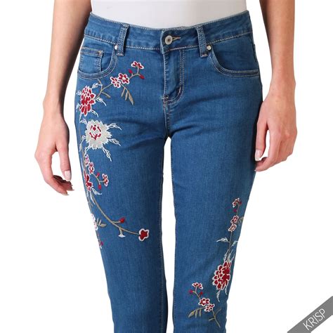 Womens Vintage Flower Embroidered Ankle Grazers Ladies Skinny Jeans Jeggings Ebay