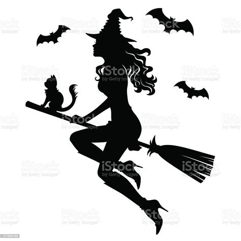 The Beautiful Silhouette Of A Witch On A Broom Stock Illustration