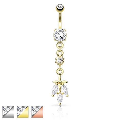 Triple Cz Dangling Cz Leaf Surgical Steel Navel Belly Button Ring Belly Button Rings Gold