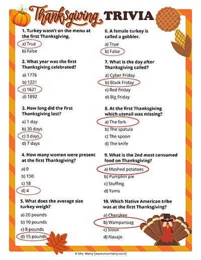 60 Thanksgiving Trivia Questions And Answers Printable Mrs Merry
