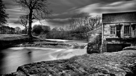 Water Black And White Landscapes Nature Dam House Wallpaper 22045