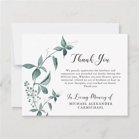 Funeral Thank You Watercolor Botanical Green Zazzle Funeral Thank