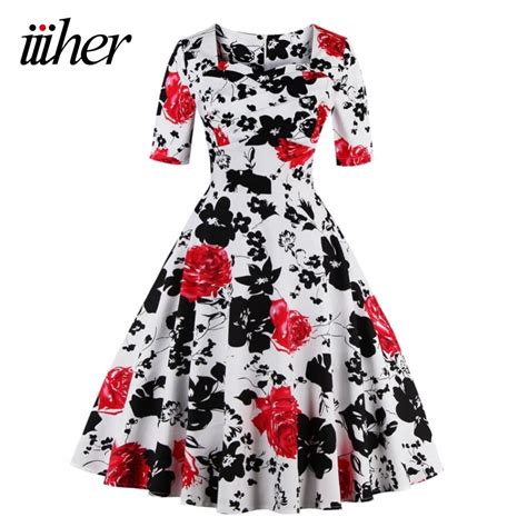 Iiiher Brand Retro Vintage Women Dress Rockabilly Party Floral Print Swing Summer Dresses