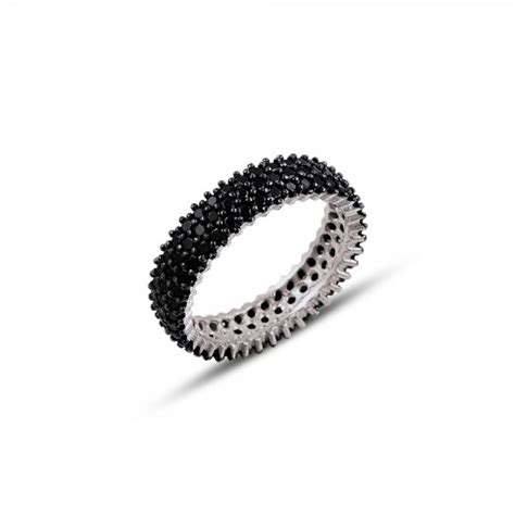 Sterling Silver Rhodium Gold Plated Black Cz 3 Lines Eternity Ring With
