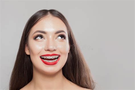 Smiling Woman With Braces On Teeth On White Beautiful Female Face Close Up Stock Image Image