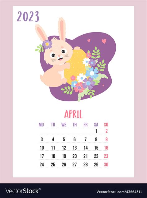 April 2023 Calendar Easter Bunny With Easter Egg Vector Image