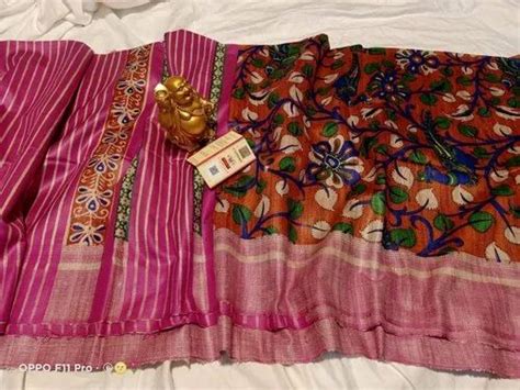 Orenge Printed Pure Tussar Silk Saree Bhagalpuri Handloom Saree Hand