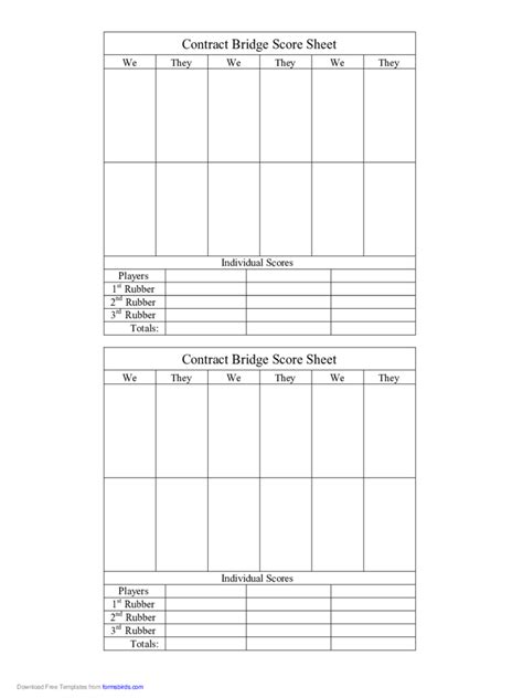Printable Contract Bridge Score Sheet