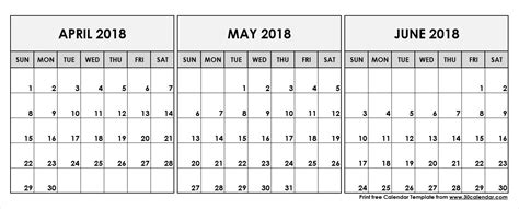 April May June 2018 Printable Calendar Template Pinboard 3 Month