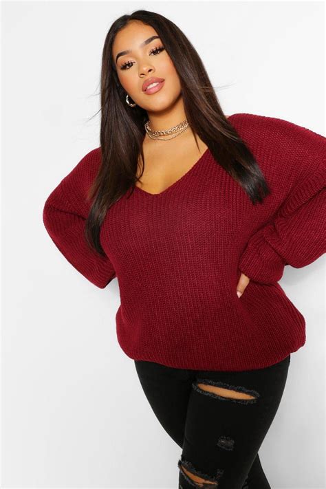 Plus Oversized V Neck Sweater Plus Size Winter Outfits Red Sweater