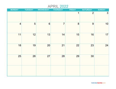 April Monday 2022 Calendar Printable Calendar Quickly