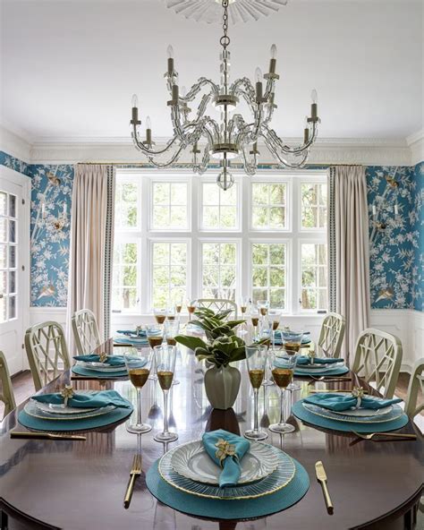 Wallpapered Dining Room Blue Wallpaper Formal Dining Room White