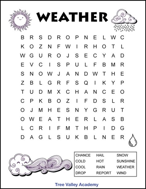 Easy Weather Word Search for Kids - Tree Valley Academy