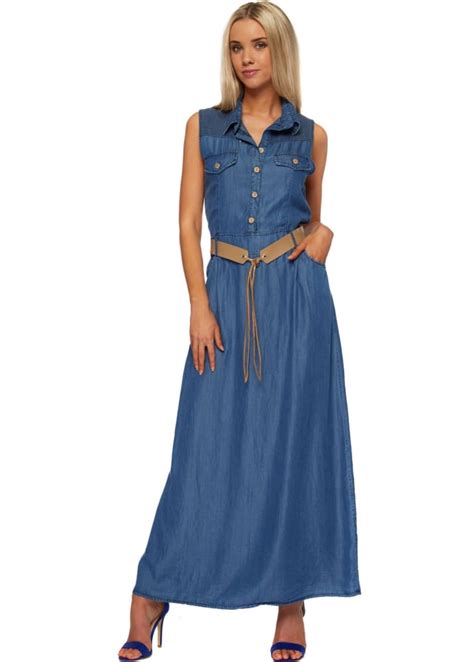 Denim Blue Maxi Dress Belted Denim Long Dress