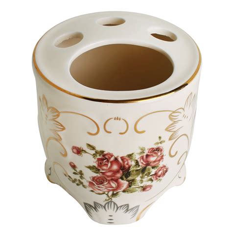 Yalong 5 Piece Red Rose Floral Ceramic Bathroom Accessory Set Includes