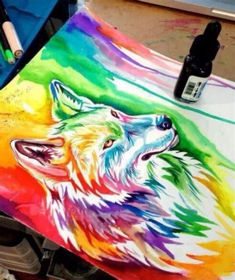 Water Color Rainbow Wolf Painting Art Drawings Animal Art