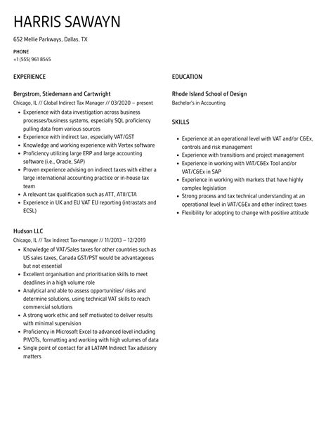 Indirect Tax Manager Resume Samples Velvet Jobs