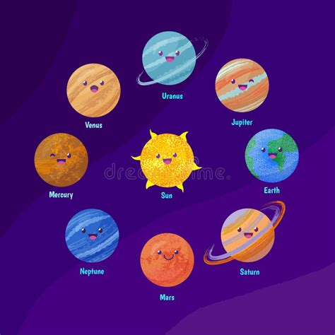 Set Of Cute Planets Of The Solar System In Cartoon Style Stock Vector