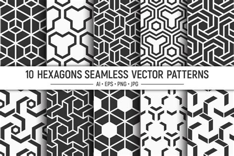 10 Hexagons Geometric Seamless Vector Patterns