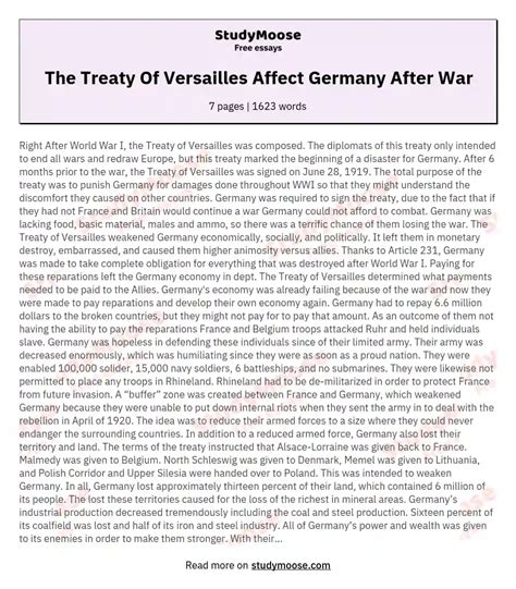 The Treaty Of Versailles Affect Germany After War Free Essay Example