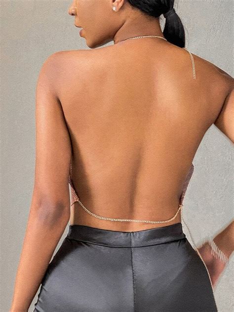 Cowl Neck Backless Metallic Chain Halter Top Etsy