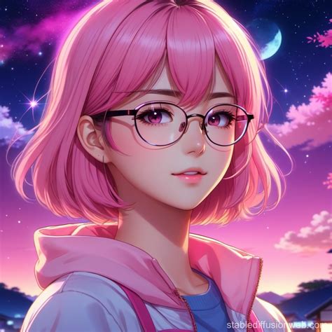 Girl With Glasses Under Pink Night Sky Stable Diffusion Online