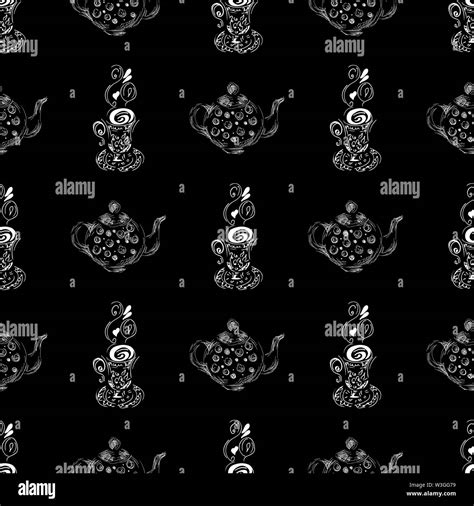 seamless pattern of teapots and teacups isolated on black background chinese seamless pattern