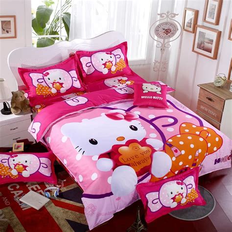 Lovely Pink Hello Kitty Cartoon Bedding Set Kids With Duvet Cover Bed