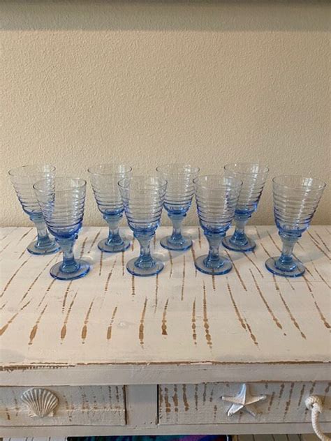 Eight 8 Libbey Glass Company Sirrus Blue Wine Glasses