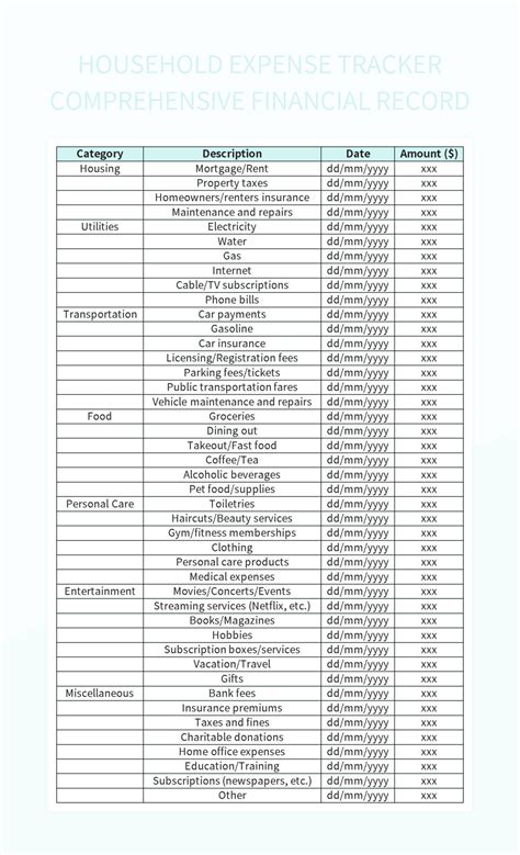 Household Expense Tracker Comprehensive Financial Record Excel Template