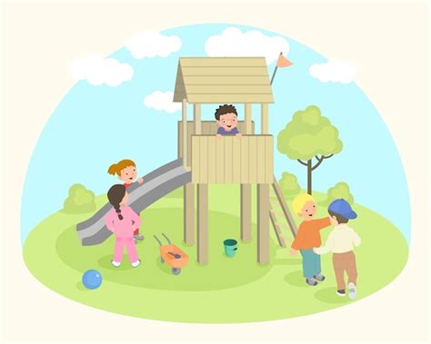 Premium Vector Happy Children Playing At Playground Vector Illustration