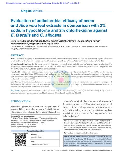 PDF Evaluation Of Antimicrobial Efficacy Of Neem And Aloe Vera Leaf