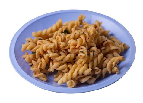 Pasta On A Blue Plate Isolated On White Background Pasta In Tomato