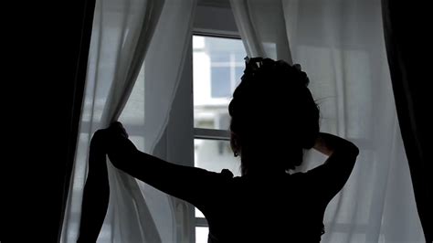 Girl Looks Out Window Woman Opens Curtains Stock Footage Sbv 316829141
