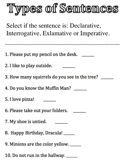 Worksheet For The Types Of Sentences