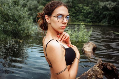 Women Hairbun Women Outdoors Women With Glasses Brunette River Tattoo Black Lingerie