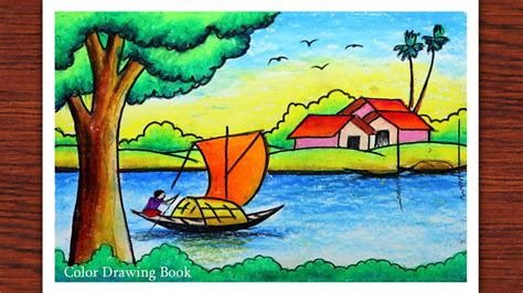 How To Draw A Riverside Village Scenery With Oil Pastel Oil Pastel