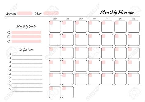 Monthly Planner Printable Template Vector Blank White Notebook Page A4