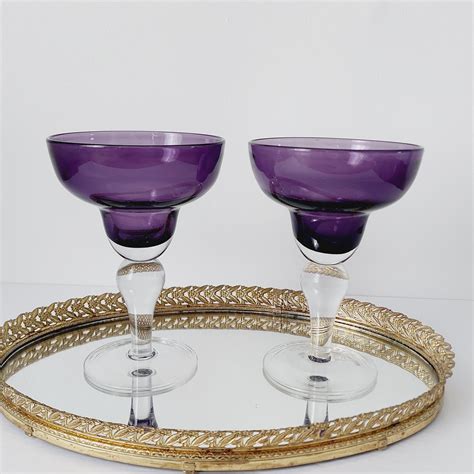 Margarita Glasses Hand Blown Glass Purple Amethyst Bowl Clear Teardrop Stem Vintage Cocktail