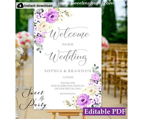 Purple Wedding Welcome Sign Template Printablepurple Roses Welcome