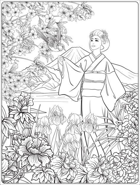 Japanese Woman In Kimono And Mount Fuji Japan Adult Coloring Pages