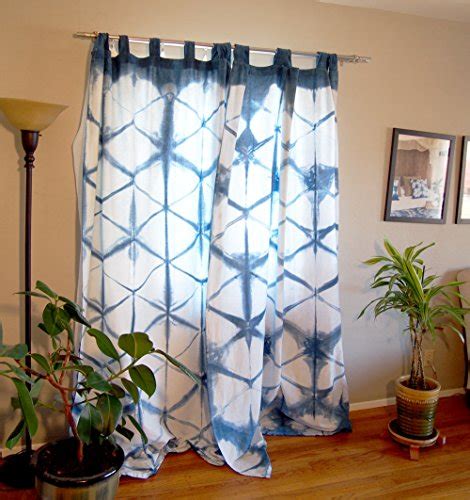 Blue Geometric Cotton Linen Curtains Handmade Set Of 2