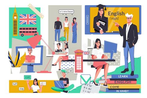 English Learning Flat Collage Stock Vector Illustration Of Reading